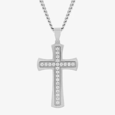 (G-H / Si1) Mens 1 CT. T.W. Lab Grown Diamond Stainless Steel Cross 24 Inch Pendant Necklace