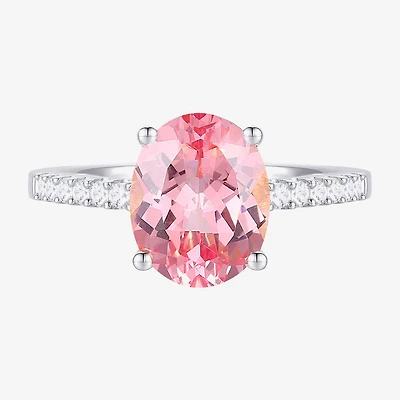 Womens Lab Created Pink Sapphire Sterling Silver Oval Side Stone Cocktail Ring