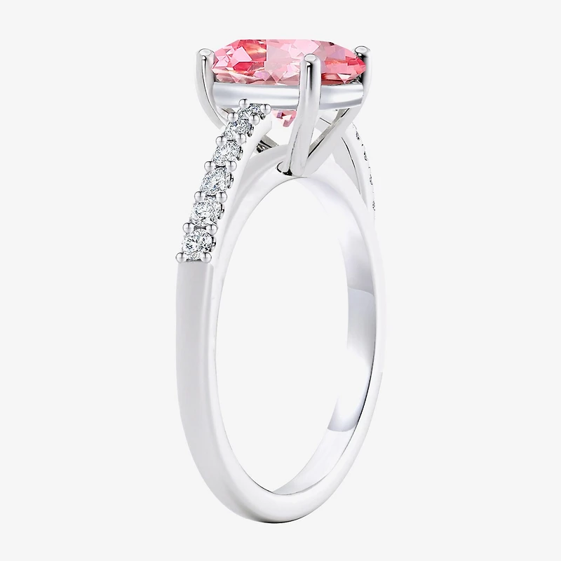 Womens Lab Created Pink Sapphire Sterling Silver Oval Side Stone Cocktail Ring