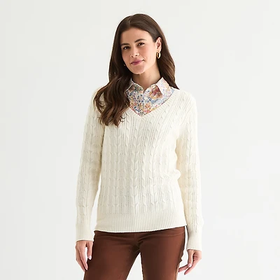 St. John's Bay Womens V Neck Long Sleeve Cable Knit Pullover Sweater