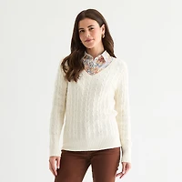 St. John's Bay Womens V Neck Long Sleeve Cable Knit Pullover Sweater