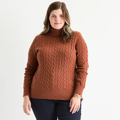 St. John's Bay Plus Womens Turtleneck Long Sleeve Cable Knit Pullover Sweater