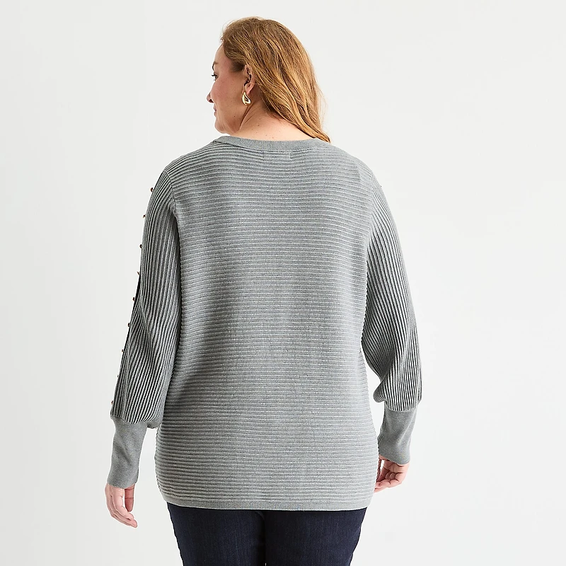 Liz Claiborne Plus Womens Crew Neck Long Sleeve Pullover Sweater