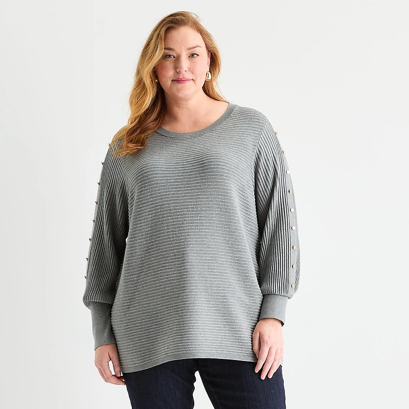 Liz Claiborne Plus Womens Crew Neck Long Sleeve Pullover Sweater