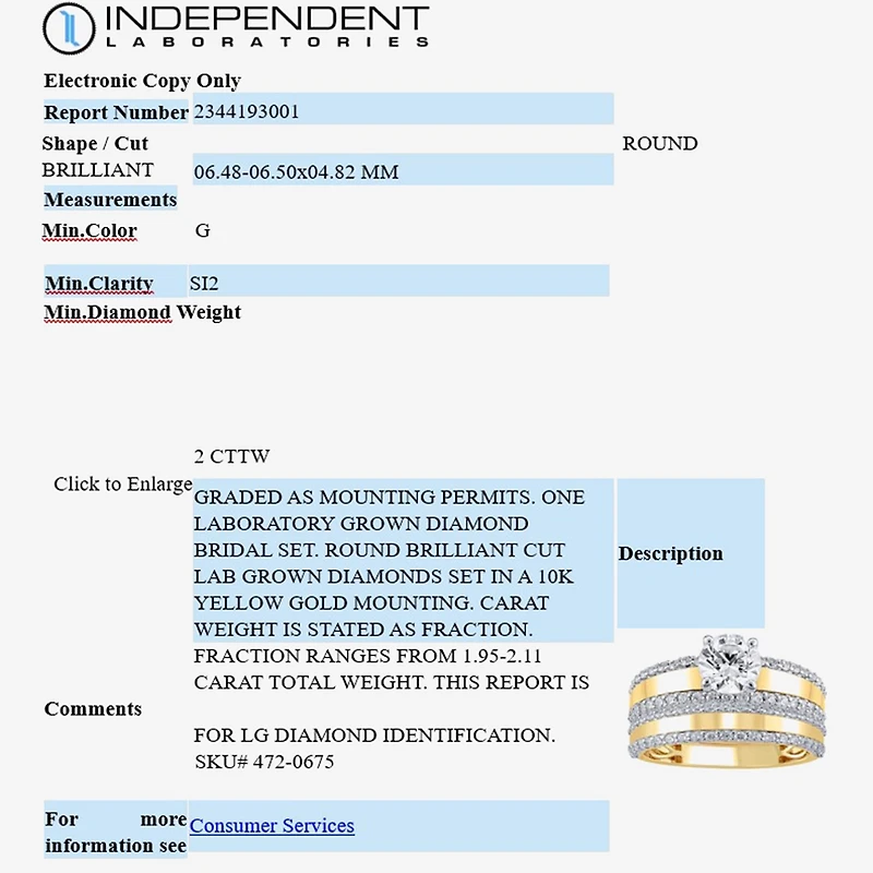 (G / Si2) Womens 2 CT. T.W. Lab Grown White Diamond 10K Gold Side Stone Bridal Set