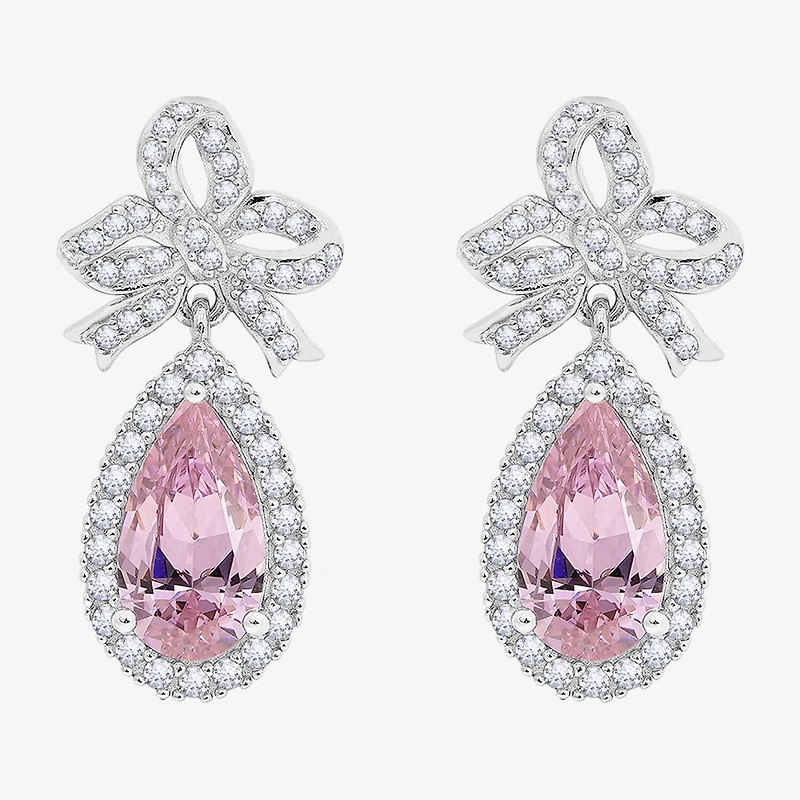 Diamonart Marilyn Monroe Womens Pink Cubic Zirconia Sterling Silver Bow Pear Round Drop Earrings