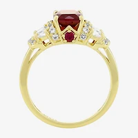Womens Lab Created Red Ruby 14K Gold Over Silver Cushion Side Stone Cocktail Ring