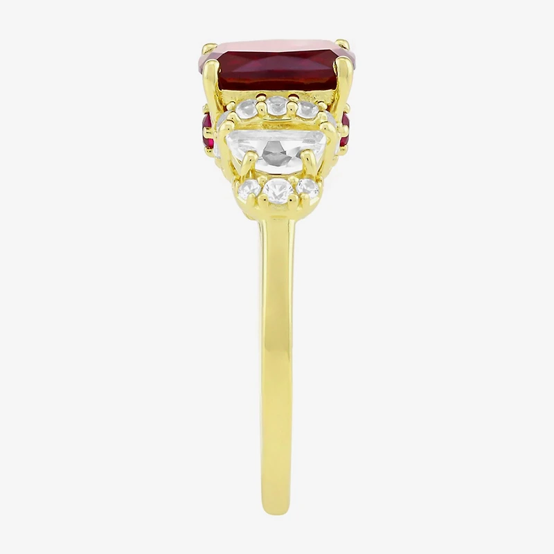 Womens Lab Created Red Ruby 14K Gold Over Silver Cushion Side Stone Cocktail Ring