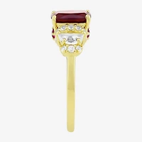 Womens Lab Created Red Ruby 14K Gold Over Silver Cushion Side Stone Cocktail Ring