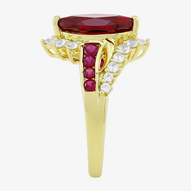 Womens Lab Created Red Ruby 14K Gold Over Silver Marquise Side Stone Cocktail Ring