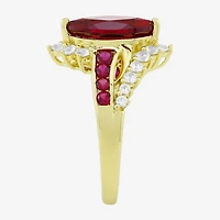 Womens Lab Created Red Ruby 14K Gold Over Silver Marquise Side Stone Cocktail Ring