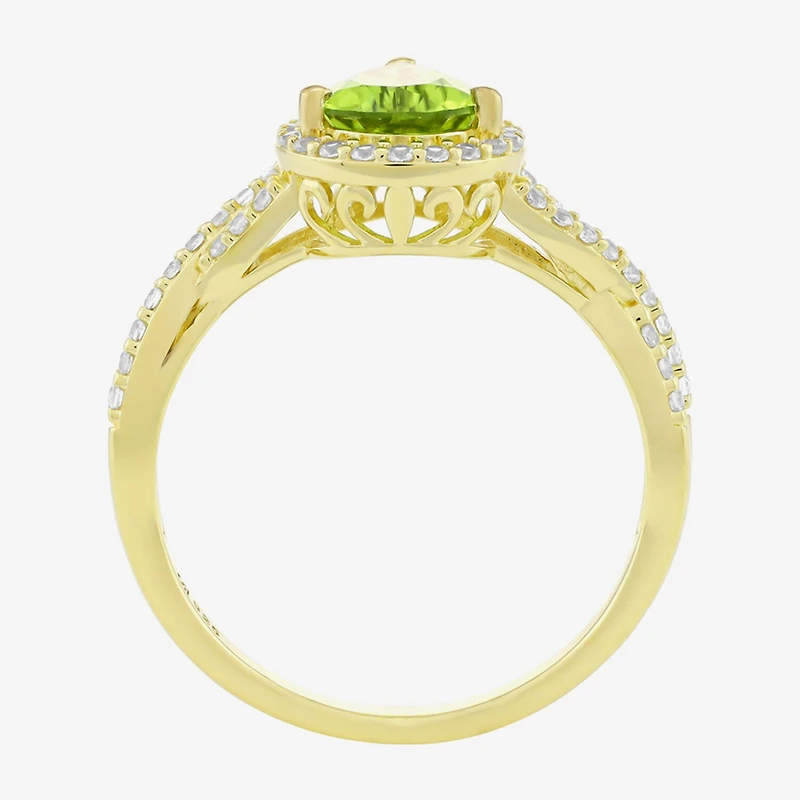 Womens Genuine Green Peridot 14K Gold Over Silver Pear Halo Side Stone Cocktail Ring