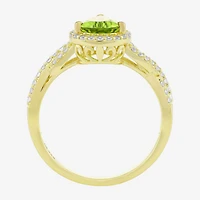 Womens Genuine Green Peridot 14K Gold Over Silver Pear Halo Side Stone Cocktail Ring