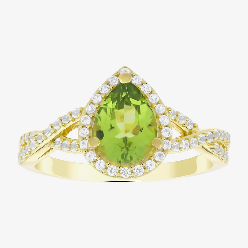 Womens Genuine Green Peridot 14K Gold Over Silver Pear Halo Side Stone Cocktail Ring