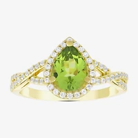 Womens Genuine Green Peridot 14K Gold Over Silver Pear Halo Side Stone Cocktail Ring