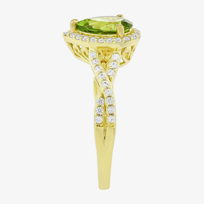 Womens Genuine Green Peridot 14K Gold Over Silver Pear Halo Side Stone Cocktail Ring