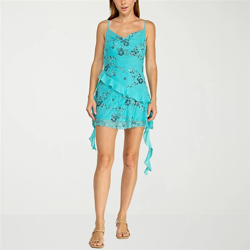 Trixxi Womens Juniors Round Neck Sleeveless Floral A-Line Dress