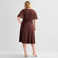 Perceptions Womens Plus Midi V Neck Short Sleeve Cape Fit + Flare Dress