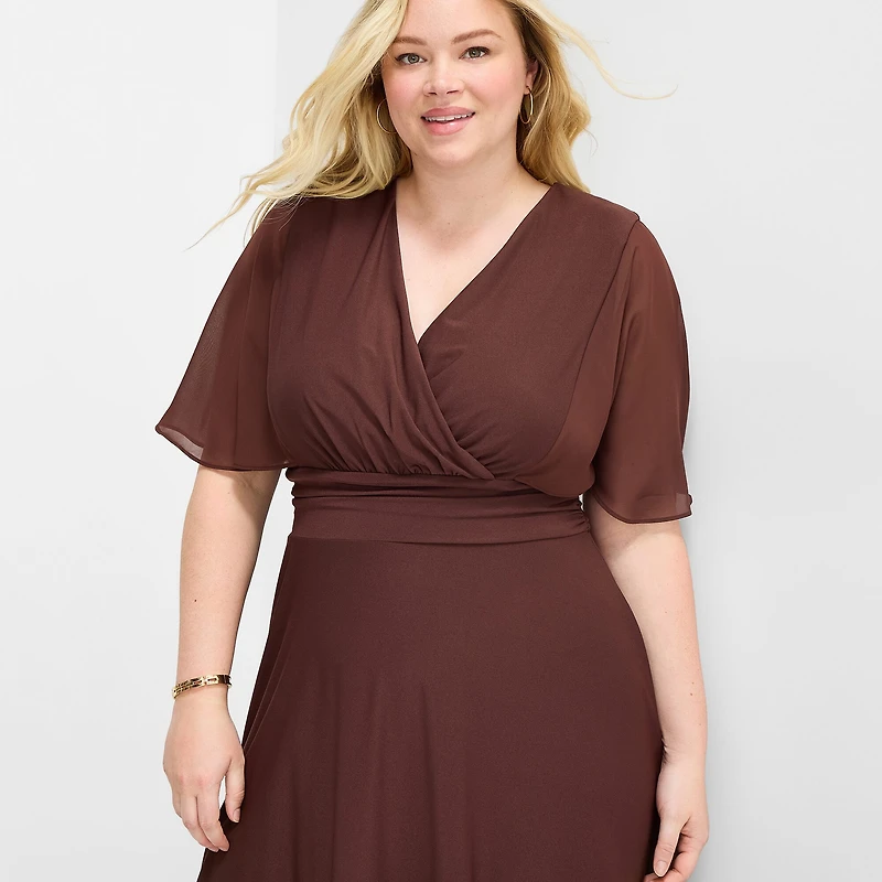 Perceptions Womens Plus Midi V Neck Short Sleeve Cape Fit + Flare Dress