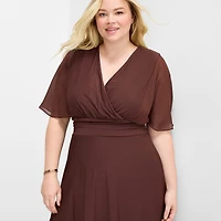 Perceptions Womens Plus Midi V Neck Short Sleeve Cape Fit + Flare Dress