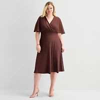 Perceptions Womens Plus Midi V Neck Short Sleeve Cape Fit + Flare Dress