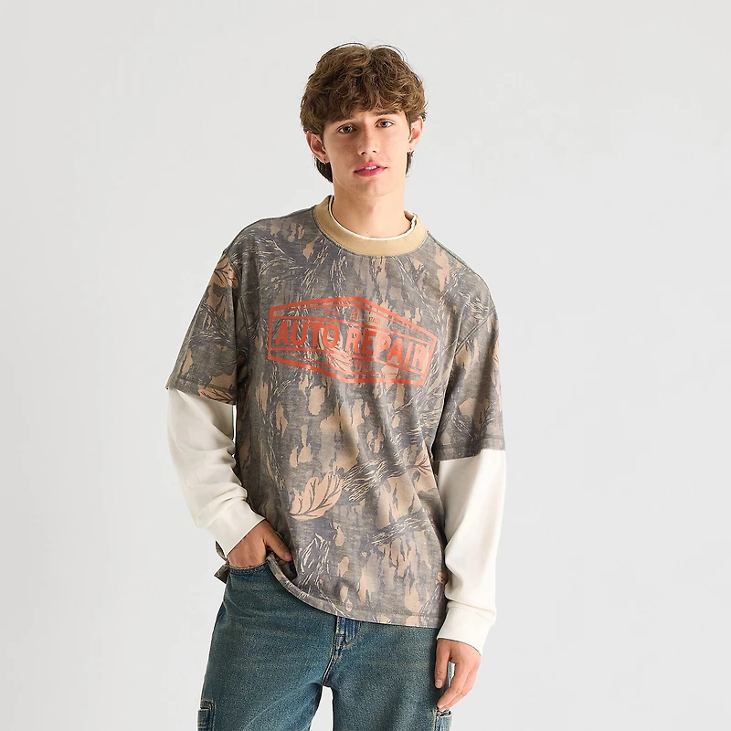 Arizona Mens Crew Neck Long Sleeve Twofer Graphic Shirt