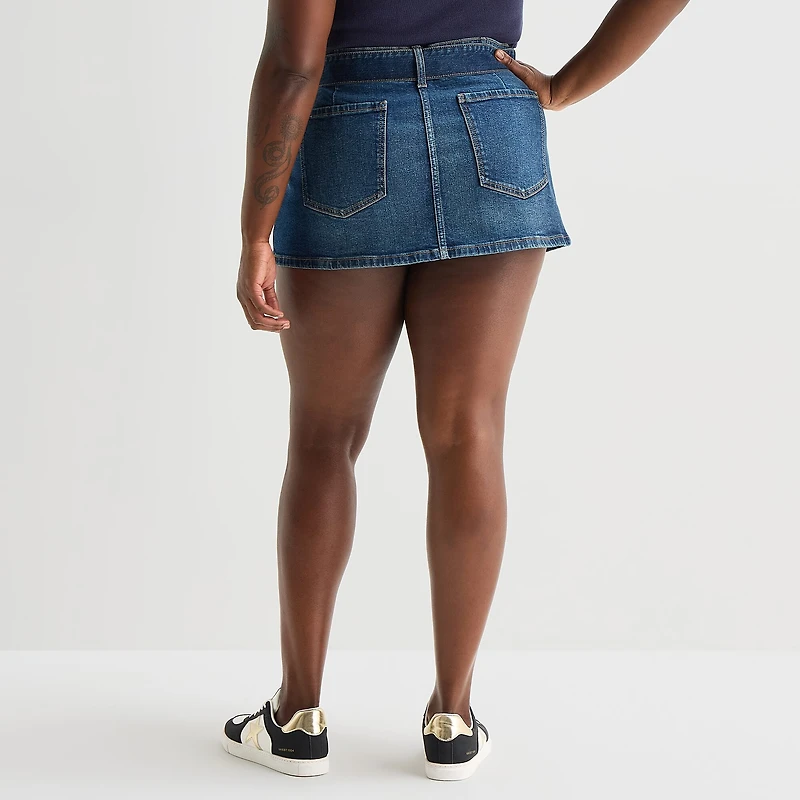 Arizona Belted Womens Juniors Plus Low Rise Mini Denim Skirt