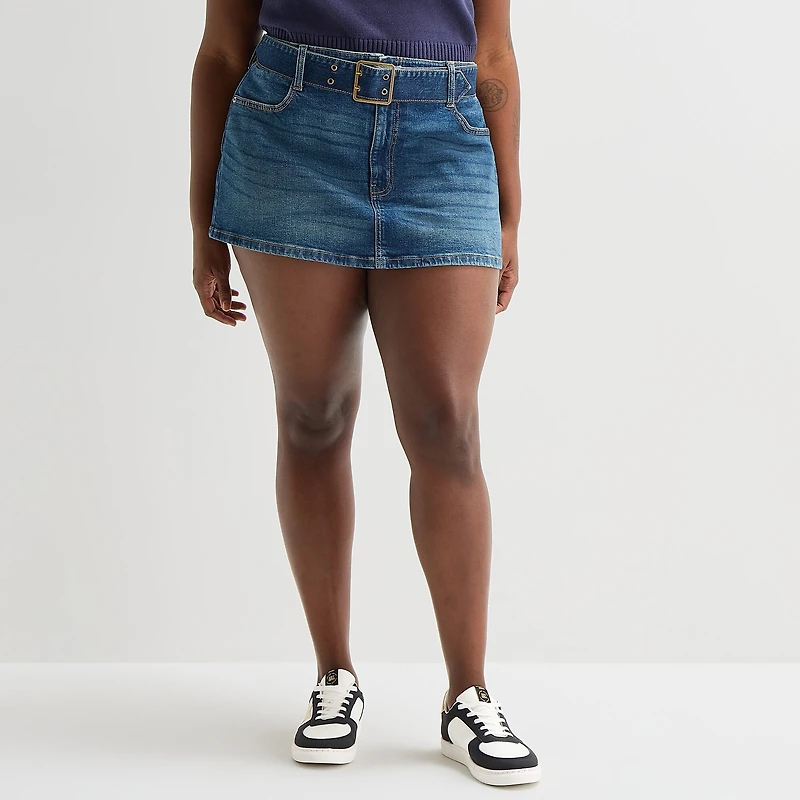 Arizona Belted Womens Juniors Plus Low Rise Mini Denim Skirt
