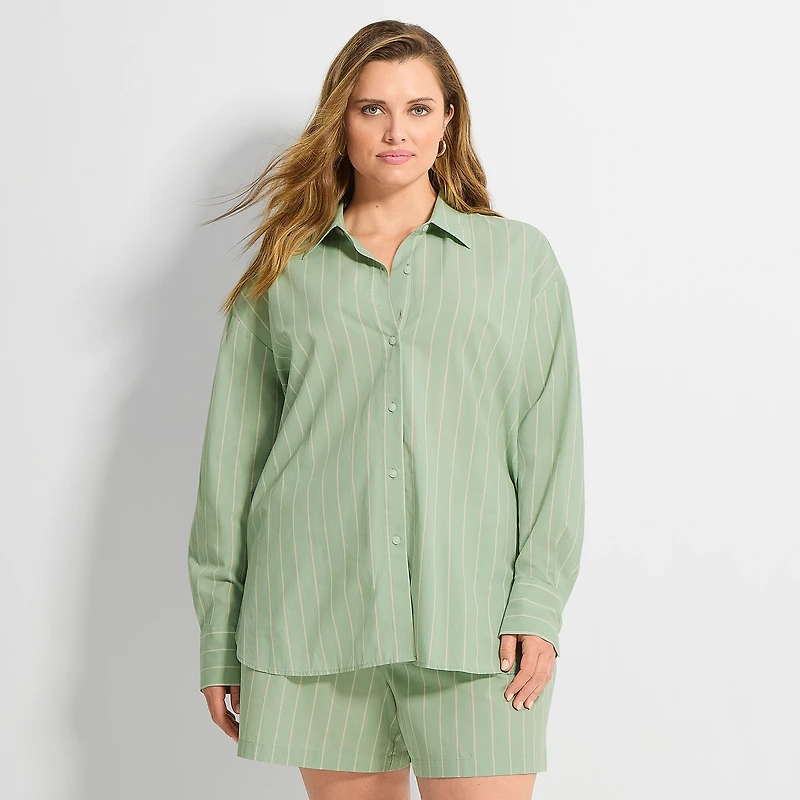 Ashley Graham Womens Plus Regular Fit Button-Down Shirt