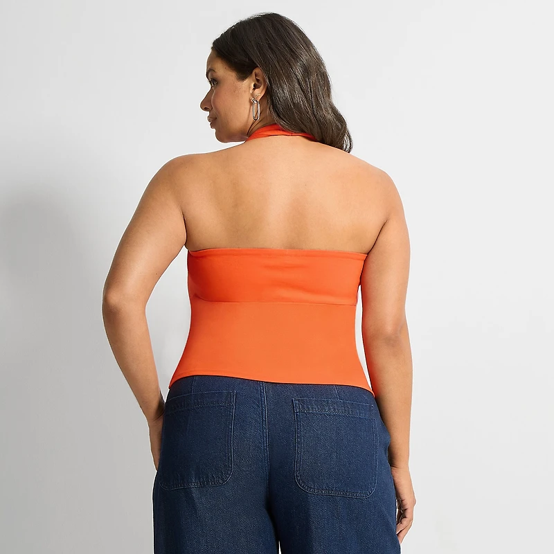 Ashley Graham Womens Plus Halter Neck Sleeveless Blouse