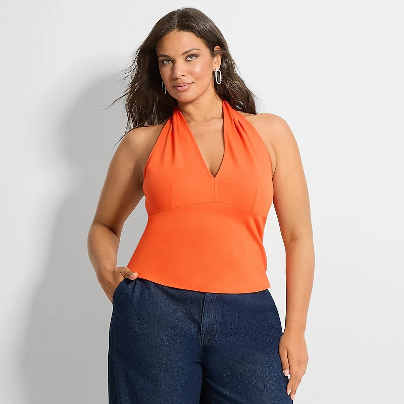 Ashley Graham Womens Plus Halter Neck Sleeveless Blouse