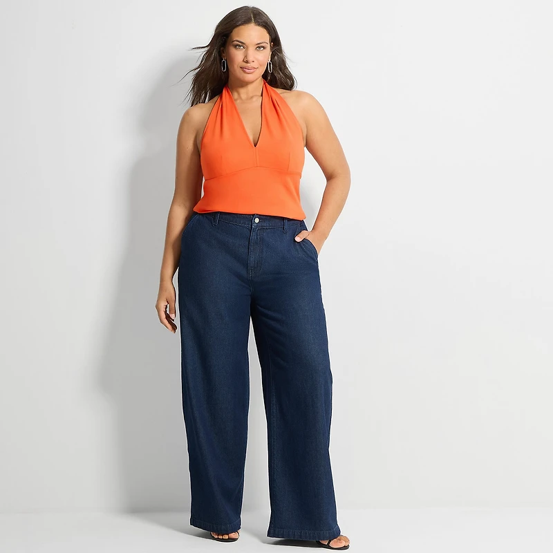 Ashley Graham Womens Plus Halter Neck Sleeveless Blouse