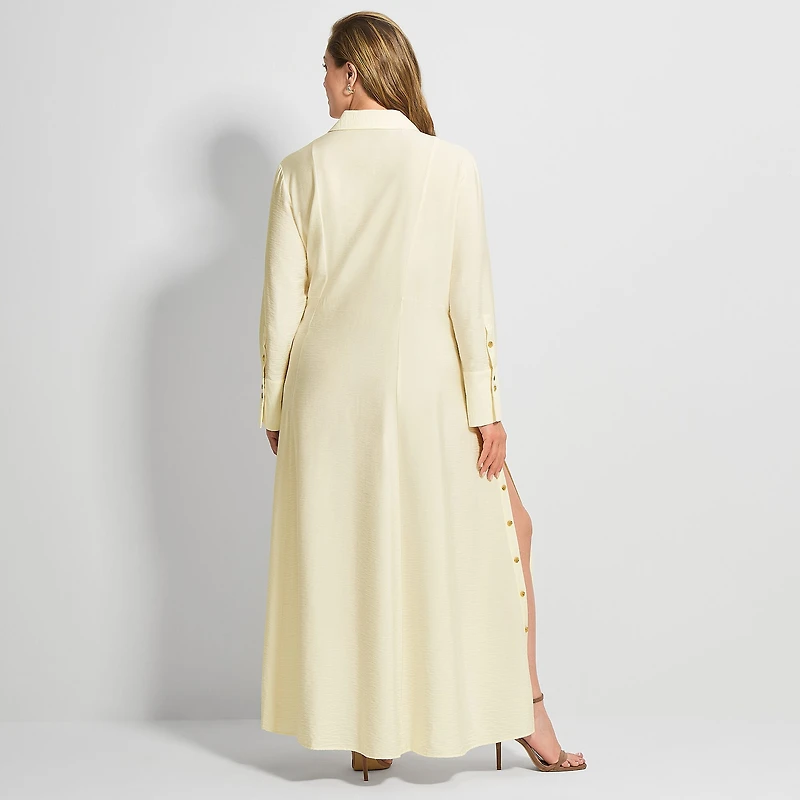 Ashley Graham Womens Plus Long Sleeve Button Front Maxi Shirt Dress