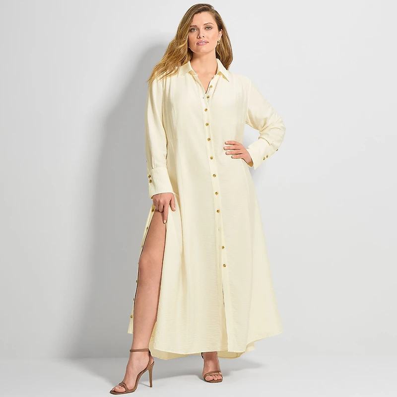 Ashley Graham Womens Plus Long Sleeve Button Front Maxi Shirt Dress
