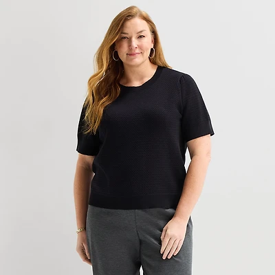 Liz Claiborne Plus Womens Crew Neck Short Sleeve Pullover Sweater
