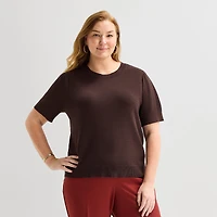 Liz Claiborne Plus Womens Crew Neck Short Sleeve Pullover Sweater