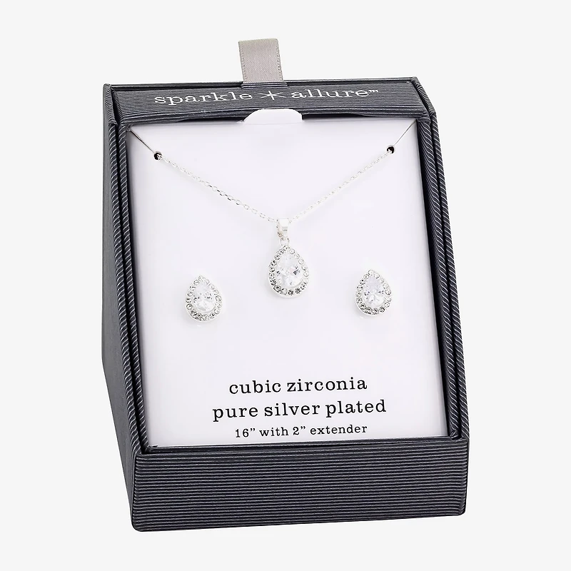 Sparkle Allure Halo Womens Cubic Zirconia Pure Silver Over Brass Pear 2-pc. Jewelry Set