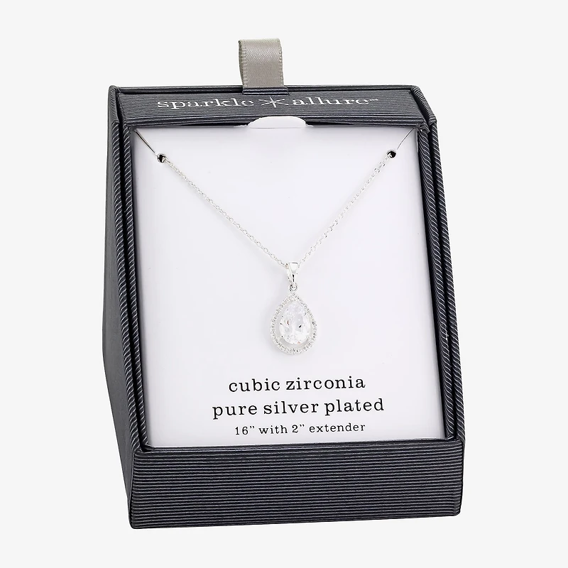 Sparkle Allure Halo Womens Cubic Zirconia Pure Silver Over Brass Pear 16 Inch Pendant Necklace