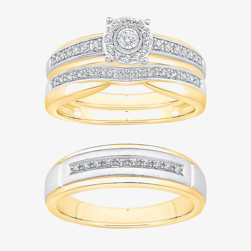 Unisex Adult 1/3 CT. T.W. Natural White Diamond 10K Two Tone Gold Side Stone Halo Bridal Set