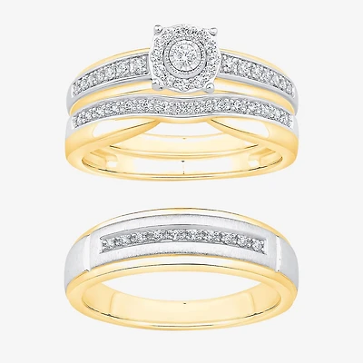 Unisex Adult 1/ CT. T.W. Natural White Diamond 10K Two Tone Gold Side Stone Halo Bridal Set