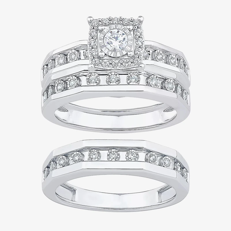 Unisex Adult 3/8 CT. T.W. Natural White Diamond 10K Gold Halo Side Stone Ring Set