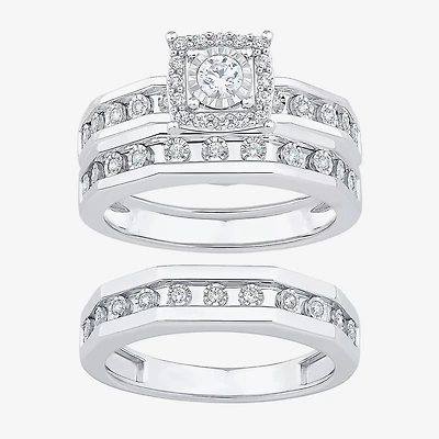 Unisex Adult 3/8 CT. T.W. Natural White Diamond 10K Gold Halo Side Stone Ring Set