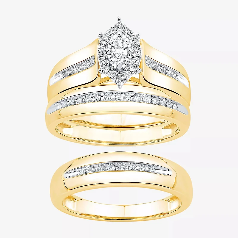 Unisex Adult 3/8 CT. T.W. Natural White Diamond 10K Gold Marquise Side Stone Halo Bridal Set