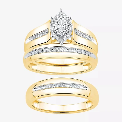 Unisex Adult 3/8 CT. T.W. Natural White Diamond 10K Gold Marquise Side Stone Halo Bridal Set