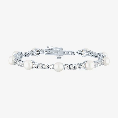 Womens Cultured Freshwater Pearl & Cubic Zirconia Sterling Silver Over Brass Bracelet