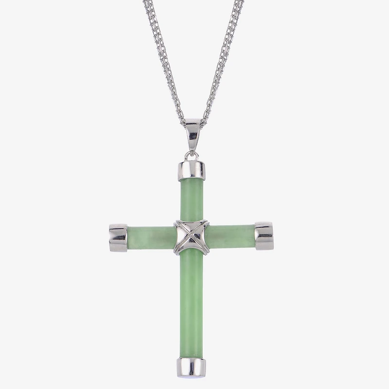 Womens Genuine Green Jade Sterling Silver Cross 18 Inch Pendant Necklace