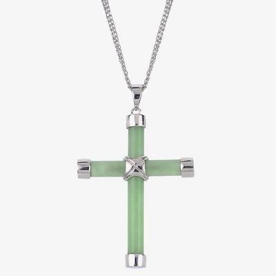 Womens Genuine Green Jade Sterling Silver Cross 18 Inch Pendant Necklace