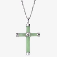 Womens Genuine Green Jade Sterling Silver Cross 18 Inch Pendant Necklace
