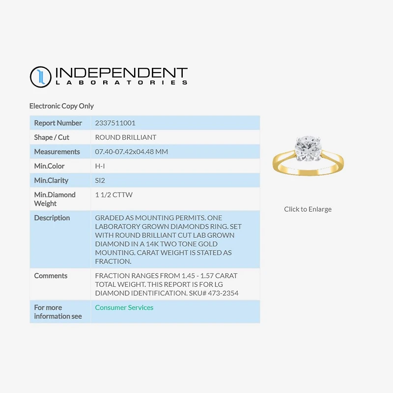 (H-I / Si2) Womens 1 1/2 CT. Lab Grown White Diamond 14K Gold Round Solitaire Engagement Ring