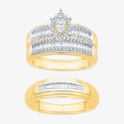 Womens 3/4 CT. T.W. Natural White Diamond 10K Two Tone Gold Marquise Side Stone Halo Bridal Set